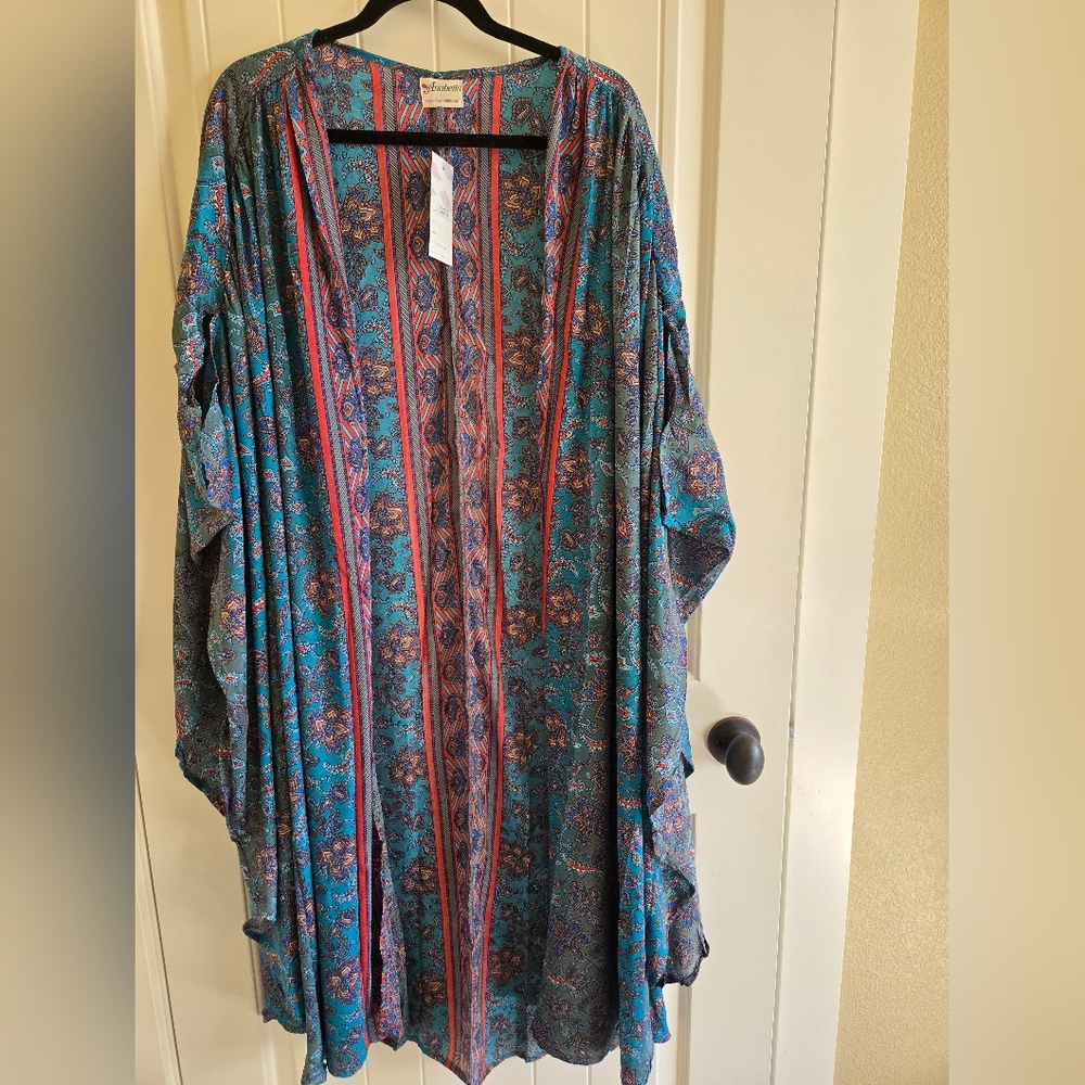 Annabella Multicolor Patterned Kimono. Polyester, Viscose Silky Blend. OS